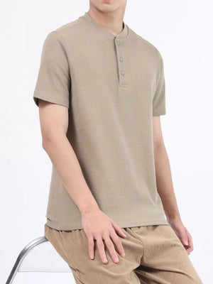 Desert color cotton casual Henley t-shirt with button placket and short sleeves.