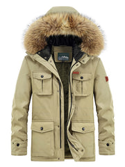 Khaki hooded parka with fur trim, multiple pockets, and fleece lining.