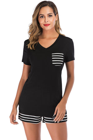 Black V-neck lounge set with striped pocket and shorts trim