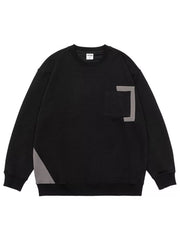 Black crew neck sweatshirt with textured geometric pattern, chest pocket, and contrast panel detail.