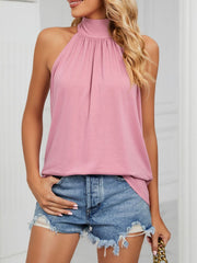 Blush pink ruched high neck cami with tie back detail.