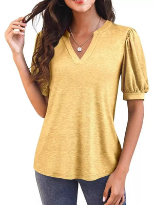 Yellow t-shirt with puff sleeves and notched V-neck