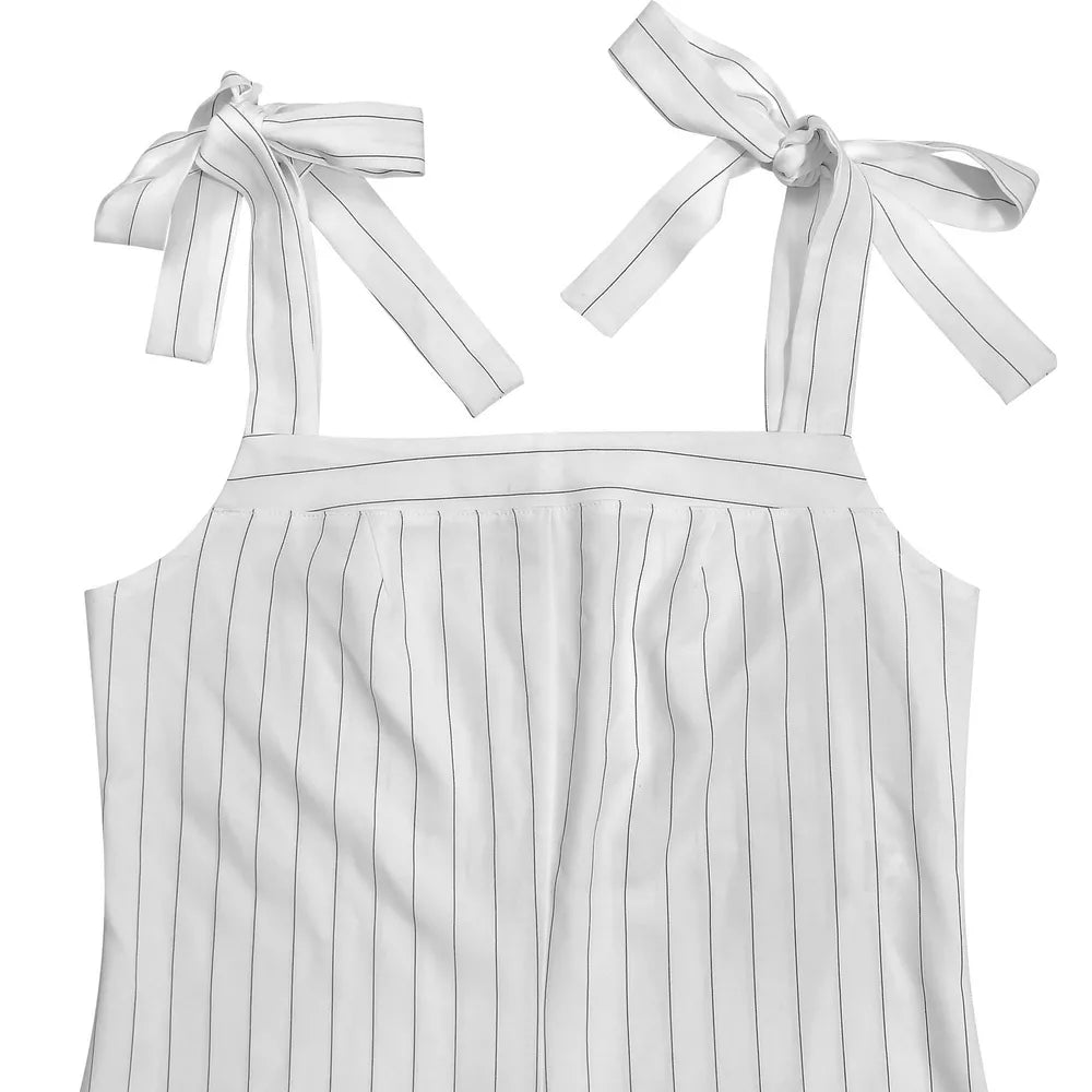 White pinstripe romper with tie-strap shoulders