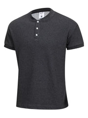 Men's dark gray textured ribbed short sleeve henley t-shirt with white buttons.