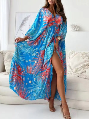 Printed V-neck Balloon Sleeve Maxi Dress in Black, model styling view