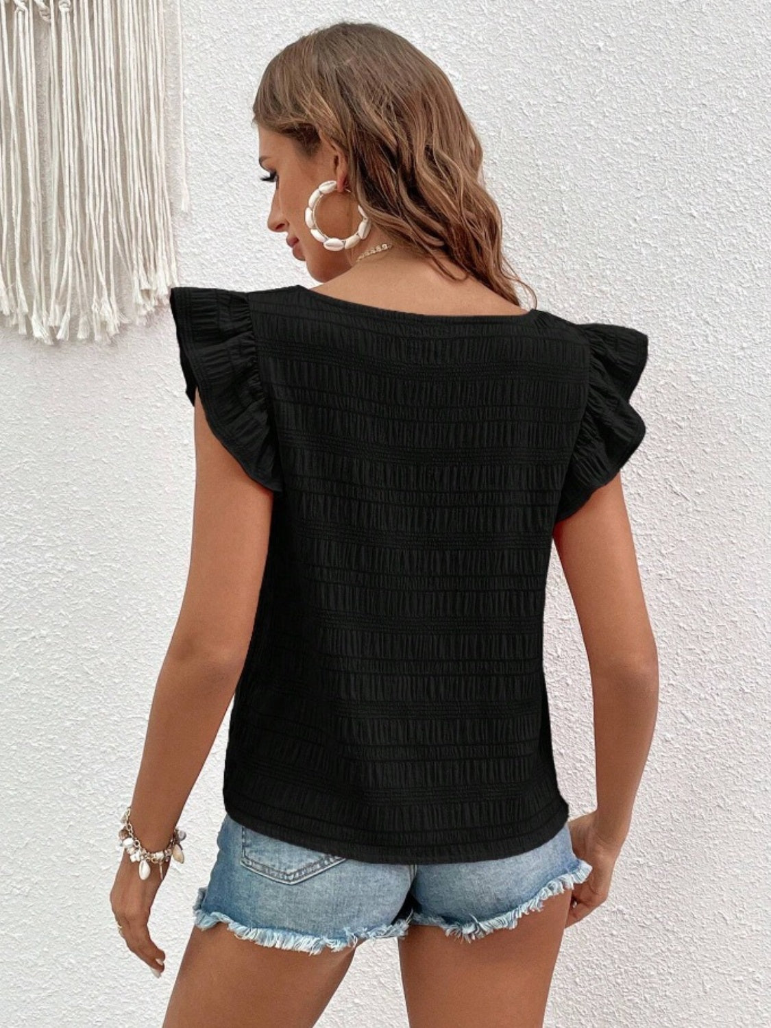 Black textured square neck blouse with ruffle sleeves