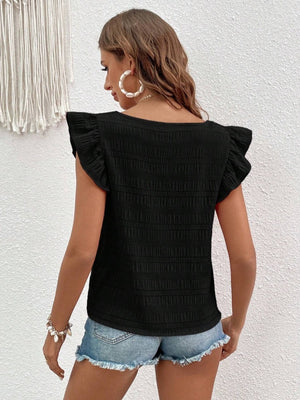 Black textured square neck blouse with ruffle sleeves