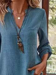 Casual V-neck Roll-sleeve T-shirt With Pocket in Khaki, side view