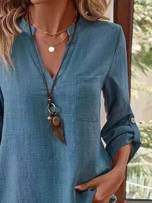 Casual V-neck Roll-sleeve T-shirt With Pocket in Khaki, side view
