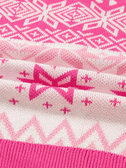 Pink and white fair isle knit sweater with a quarter zip detail.