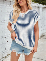 Textured stripe knit top in navy and white with cap sleeves and a crew neck.