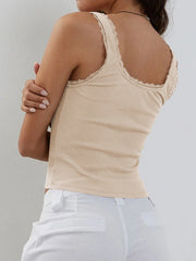 Tan ribbed knit cami with lace trim and bow detail