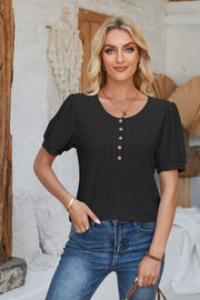 Black perforated puff sleeve henley blouse with button detail and round neckline.