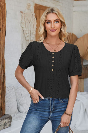 Black perforated puff sleeve henley blouse with button detail and round neckline.
