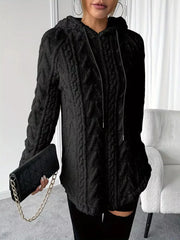 Black textured drawstring fleece hoodie with cable knit pattern and relaxed fit.