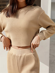 Khaki waffle knit cropped lounge set with crew neck and long sleeves.