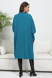 Cerulean long cardigan with balloon sleeves and a collared neckline.