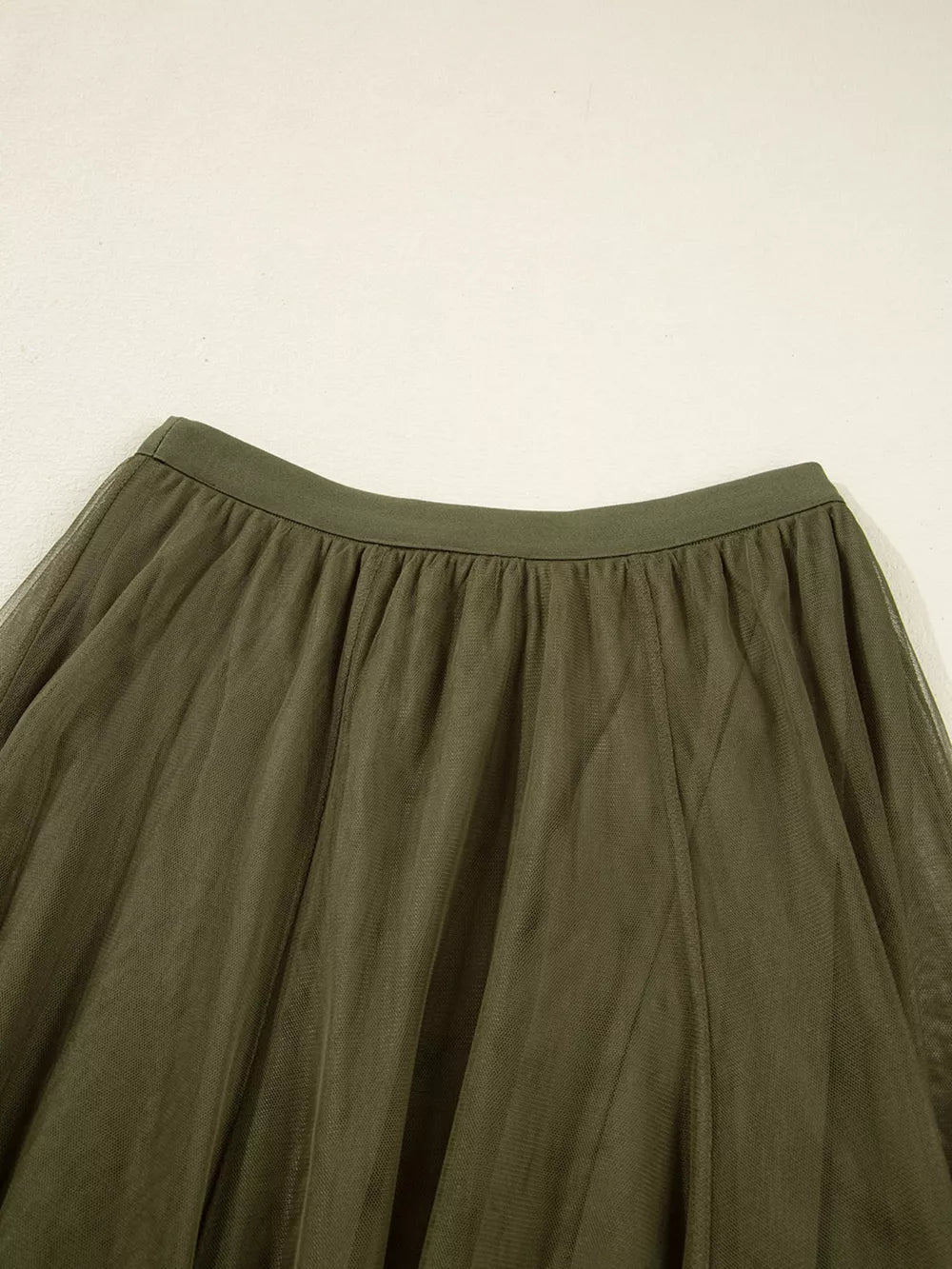 Army green tulle A-line midi skirt with gathered waistband