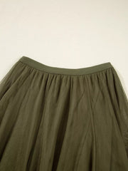 Army green tulle A-line midi skirt with gathered waistband