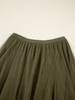 Army green tulle A-line midi skirt with gathered waistband