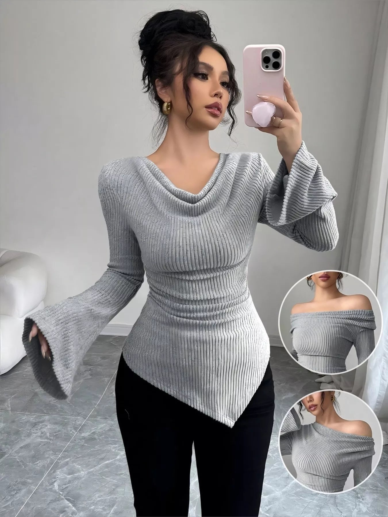 Gray ribbed asymmetrical cowl neck top with bell sleeves and ruched sides.