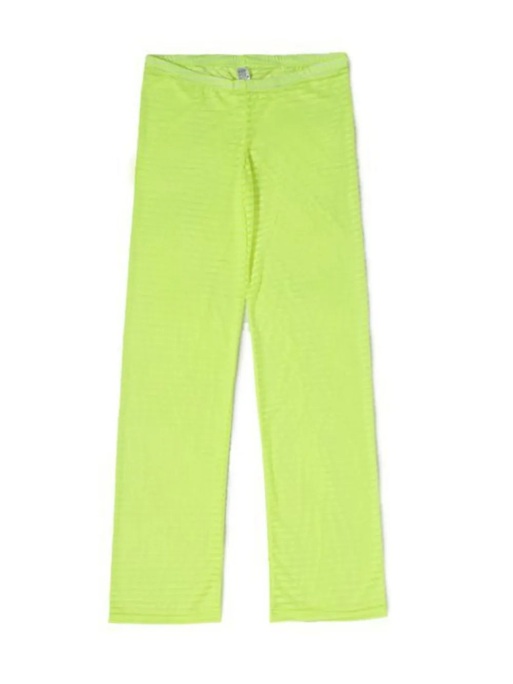 Neon green sheer flare trousers with horizontal stripes and a comfortable elastic waistband.