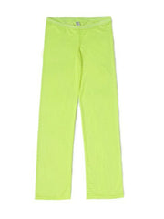 Neon green sheer flare trousers with horizontal stripes and a comfortable elastic waistband.