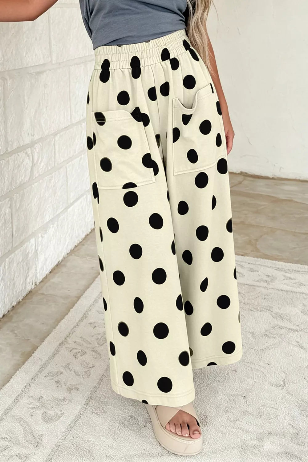 Polka Dot Wide Leg Elastic Waist Pants in Dust Storm, close-up detail