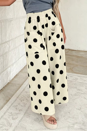 Polka Dot Wide Leg Elastic Waist Pants in Dust Storm, close-up detail