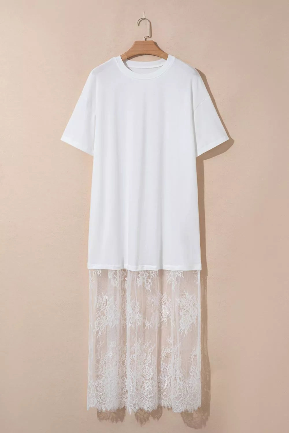 White cotton t-shirt midi dress with lace hem detail