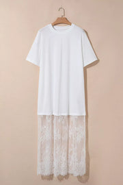 White cotton t-shirt midi dress with lace hem detail