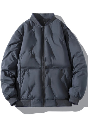 Plus-size quilted bomber jacket in dark grey with zip-up front and ribbed cuffs.