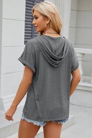 Dark Gray Henley Hooded Tee with rolled short sleeves and a casual fit.