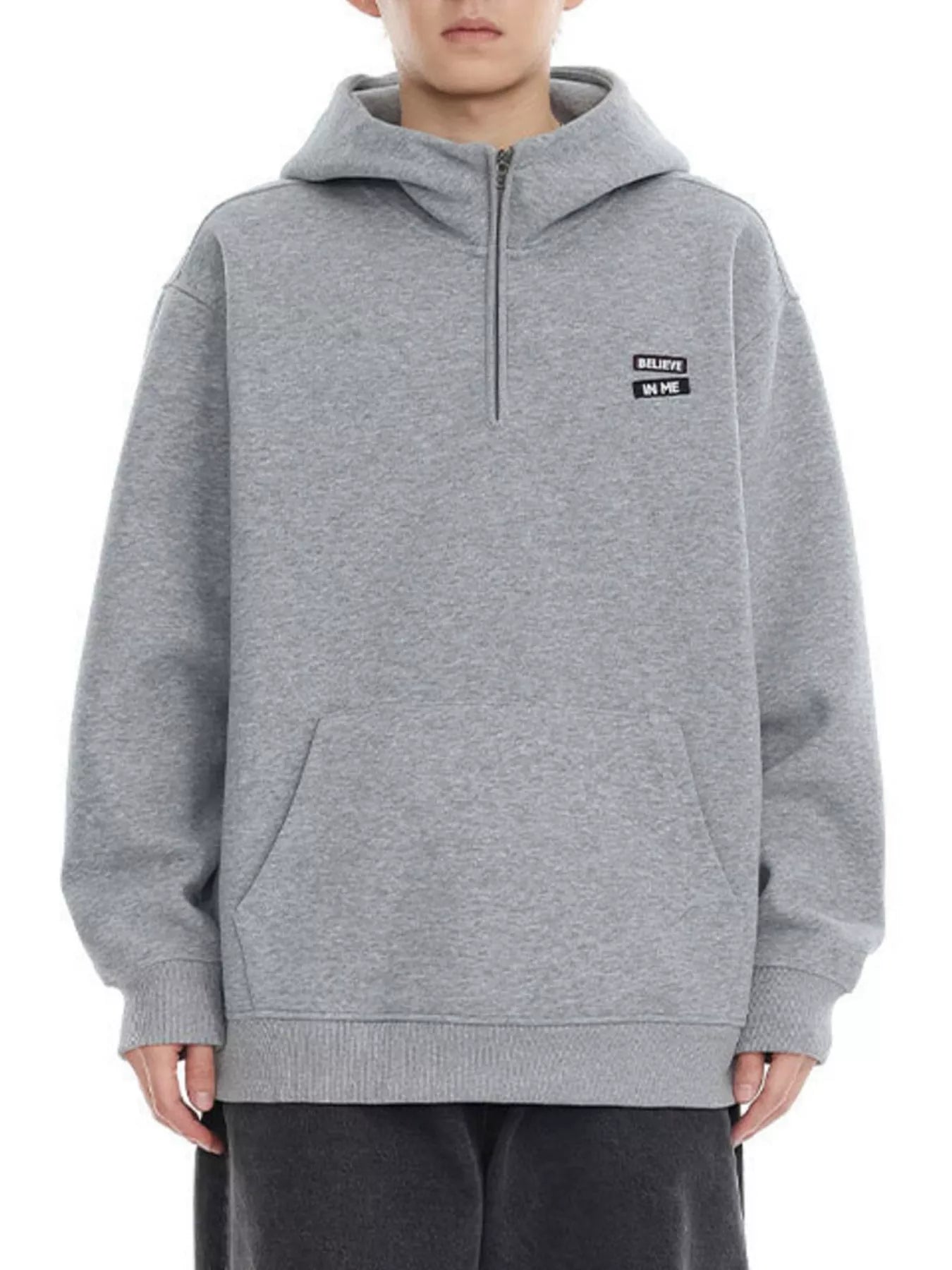 Plus-size grey quarter-zip hoodie with chest graphic and kangaroo pocket.
