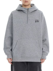 Plus-size grey quarter-zip hoodie with chest graphic and kangaroo pocket.