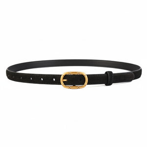 Black cowhide leather belt with oval golden buckle and embossed detail