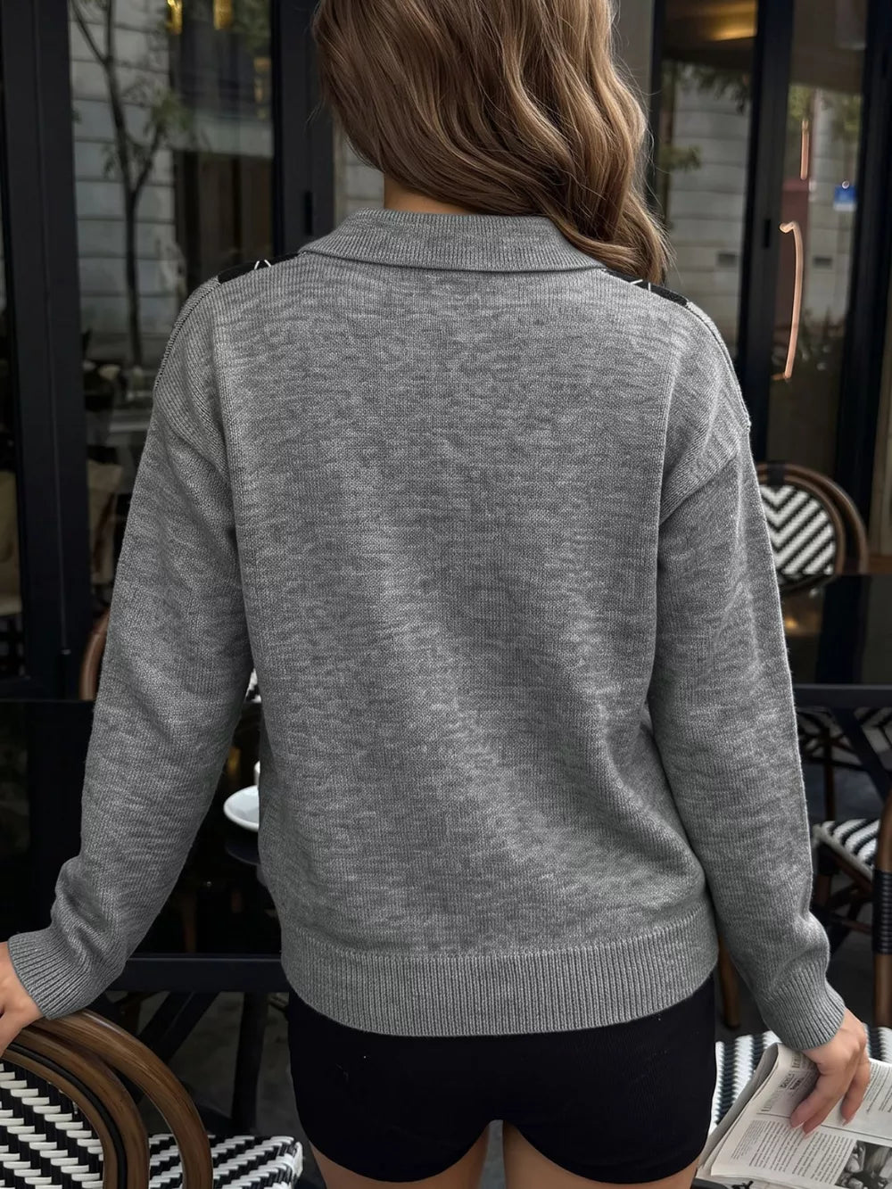 Argyle Patterned Polo Collar Sweater in Dark Gray, fabric detail