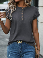 Dark gray slouchy henley tee with cuffed sleeves and wooden buttons