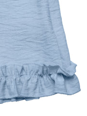 Light blue smocked romper with ruffle hem detail