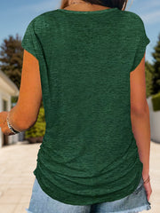 Dark green cap-sleeve tee with ruched sides and a curved hem