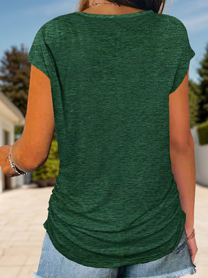 Dark green cap-sleeve tee with ruched sides and a curved hem