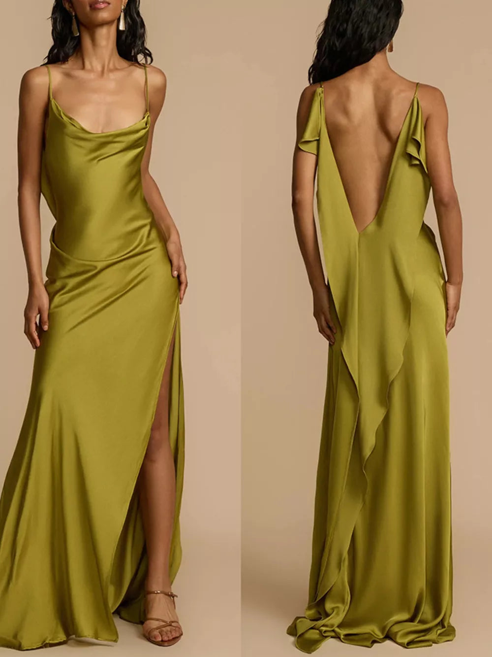Satin cowl neck maxi dress with spaghetti straps, a high slit, and a deep V-back.