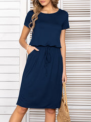 Navy midi dress with drawstring waist, short sleeves, and pockets.