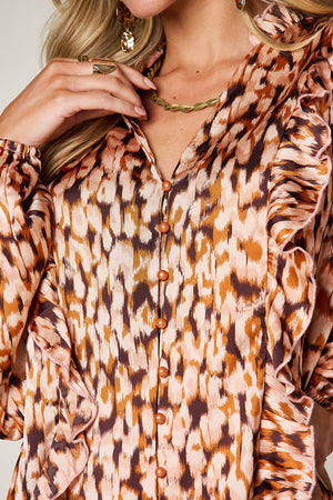 Ethereal print blouse in caramel with ruffle front and button detail