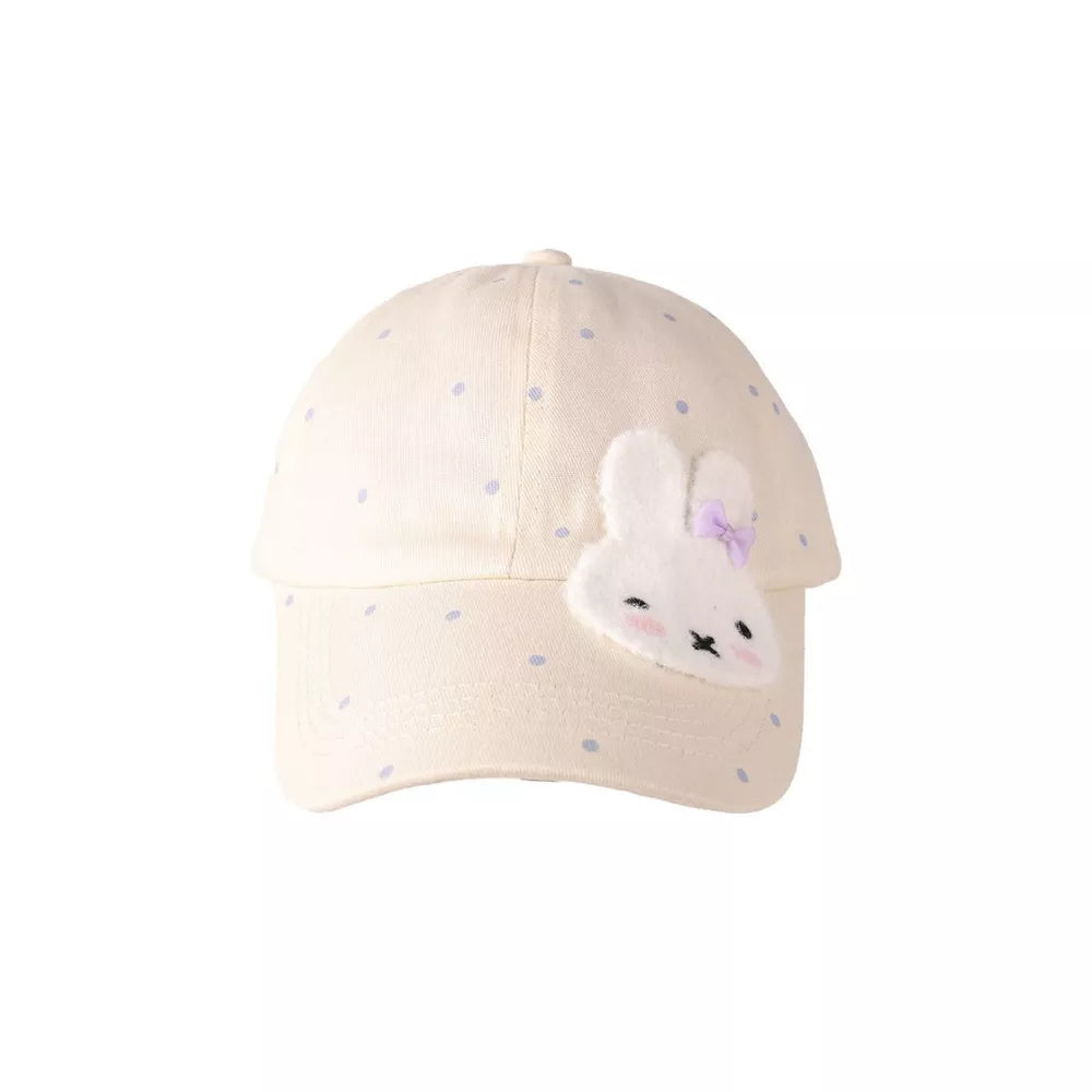 Ivory polka dot baseball cap with bunny applique and purple bow