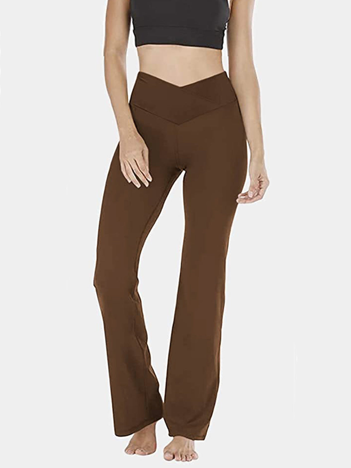 V-Waist flare leggings in Coffee Brown with a high rise and wide leg opening.