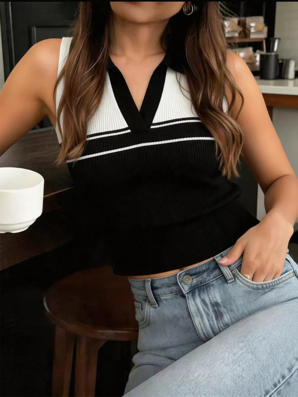 Contrast Collar Striped Knit Sweater Vest in Black, close-up detail