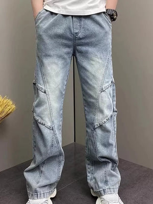 Distressed light wash denim wide-leg jeans for him with cargo pockets and a vintage look.