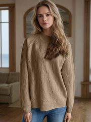 Camel textured knit raglan sleeve pullover sweater with diamond pattern detail.