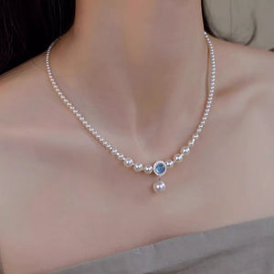Luminous pearl choker with blue stone pendant and pearl drop, 925 silver, delicate cream pearls